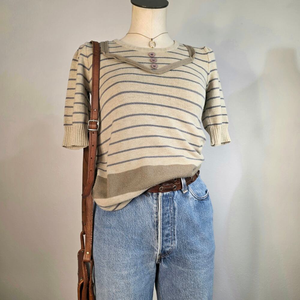 Marc Marc Jacobs Stripe Knit Tee Coastal Grandmacore Preppy Beige Top Size XS